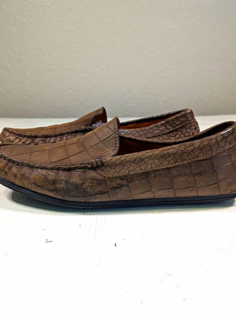 M Gemi Men's Brown Leather Croc Embossed Slip-On Loafer Shoes EU 43